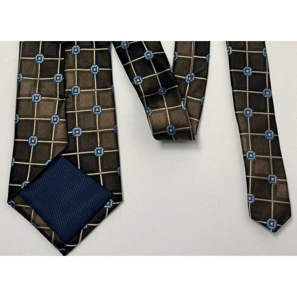 Paul Dione Tie 100% Silk Necktie‎ Geometric Brown Bronze Blue Square NWT Wedding